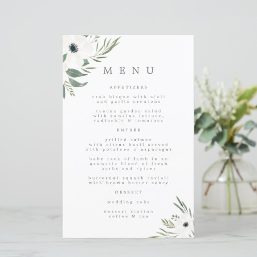 Menu Anemones Sage & Dusty Eucalyptus Weddenschap (Staand voorkant)