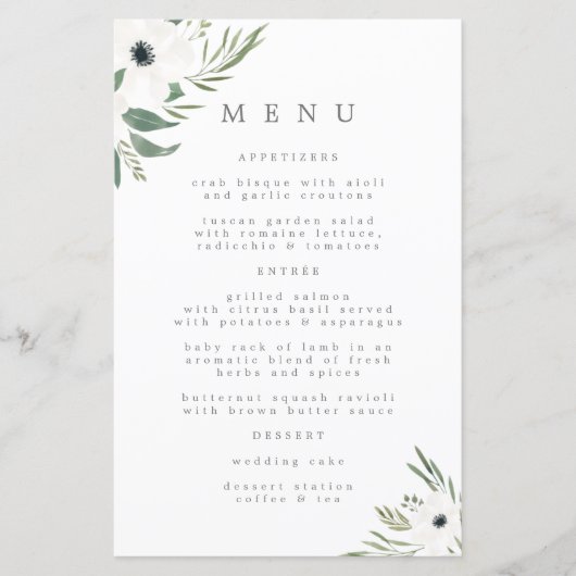Menu Anemones Sage & Dusty Eucalyptus Weddenschap (Voorkant)