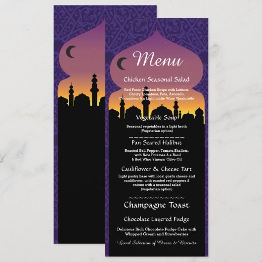 Menu Arabian Night Party Weddenschap Reception Kaart (Voorkant / Achterkant)