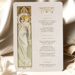 Menu Art Nouveau Weddenrennen door Mucha Kaart<br><div class="desc">Voeg een stukje elegantie en verfijning toe aan uw trouwreceptie met dit Art Nouveau Wedding Menu. Het kunstwerk van de waterverf is voorzien van een van de Muses van Mucha die een glas champagne vasthoudt, wat een gevoel van luxe en feestelijkheid creëert. De stijl Art Nouveau wordt gekenmerkt door de...</div>