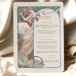 Menu Art Nouveau Weddenrennen door Mucha Kaart<br><div class="desc">Voeg een stukje elegantie en verfijning toe aan uw trouwreceptie met dit Art Nouveau Wedding Menu. Het kunstwerk van de waterverf is voorzien van een van de Muses van Mucha die een glas champagne vasthoudt, wat een gevoel van luxe en feestelijkheid creëert. De stijl Art Nouveau wordt gekenmerkt door de...</div>