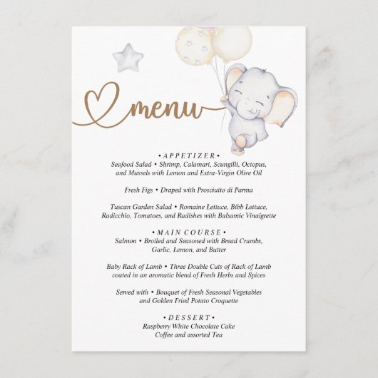 Menu Baby Elephant Baby shower (Voorkant)