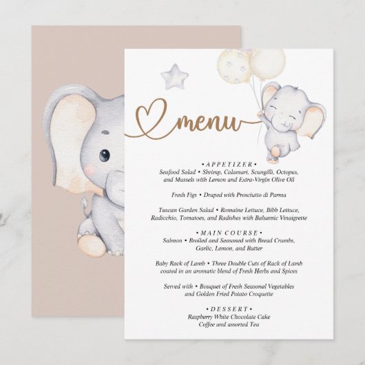 Menu Baby Elephant Baby shower (Voorkant / Achterkant)