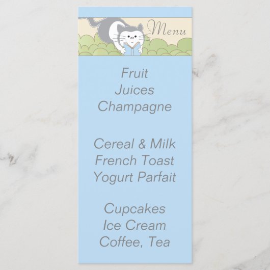 Menu baby shower "Blue Cat Library" (Voorkant)