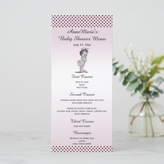  menu Baby shower prinses Polka Dots (Staand voorkant)