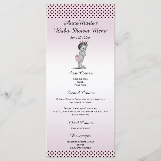  menu Baby shower prinses Polka Dots (Voorkant)