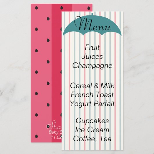 Menu baby shower "Umbrella Picnic" (Voorkant / Achterkant)