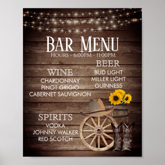 Menu Bar - Country Wood Barrel Weddenschap Poster (Voorkant)
