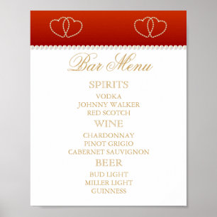 Menu Bar - Deep Red en White met Gold Hearts Poster
