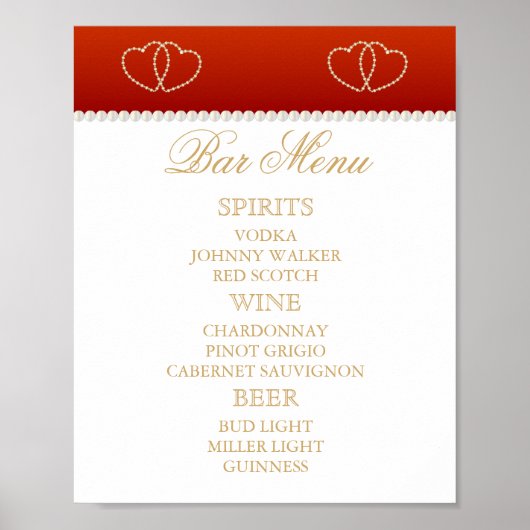 Menu Bar - Deep Red en White met Gold Hearts Poster (Voorkant)