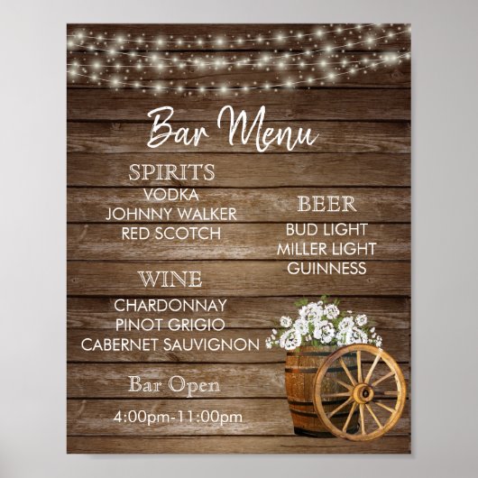 Menu Bar - Houtsvat met Witte Bloemen Poster (Voorkant)