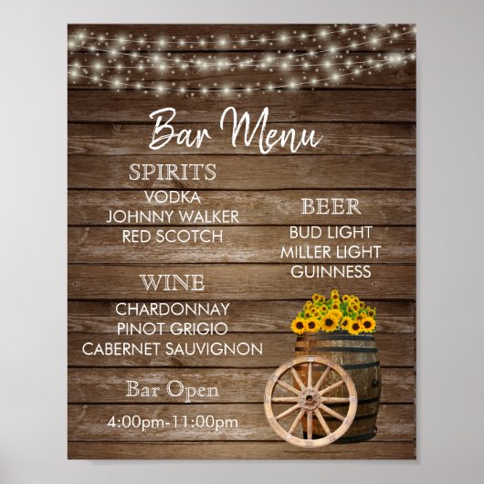 Menu Bar - Houtsvat met zonnebloemen Poster (Voorkant)
