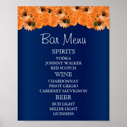 Menu Bar - Prachtig Oranje Roos en Navy Blue Poster (Voorkant)