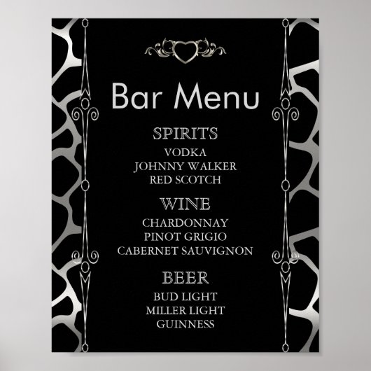 Menu Bar - Weddenschap in Silver & Black Giraffe Poster (Voorkant)