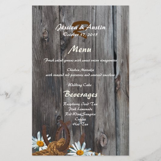 Menu Barn Wood, Hoefijzers en Daisies (Voorkant)
