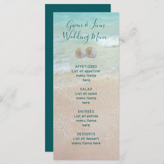 Menu Beach Scene Background Sand Dollars Weddensch (Voorkant / Achterkant)