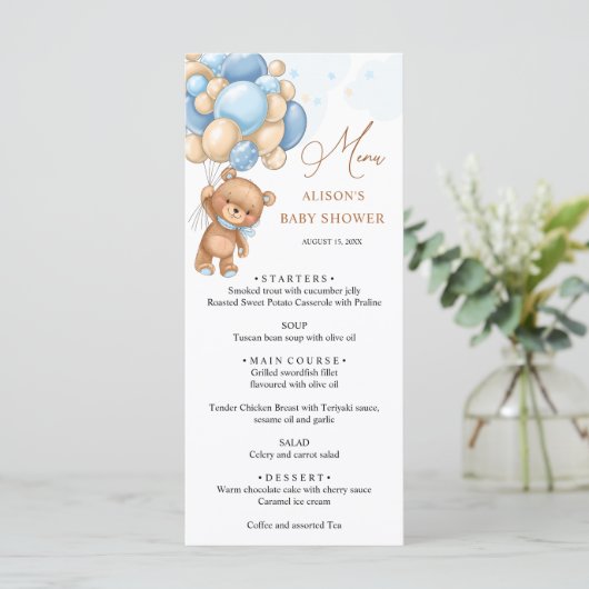 Menu beer Blue Balloons Baby shower (Staand voorkant)