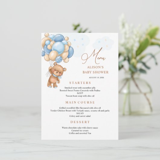 Menu beer Blue Balloons Baby shower (Staand voorkant)