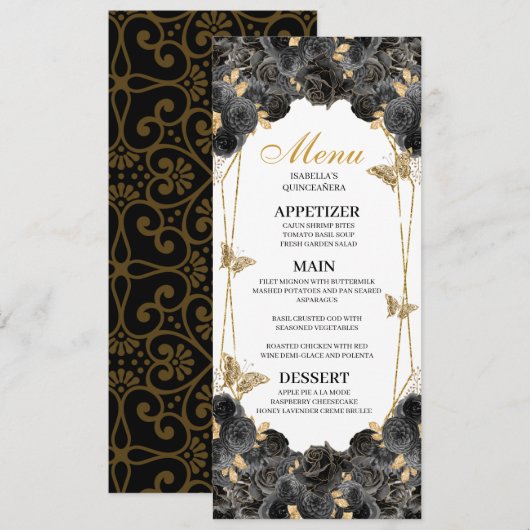 Menu Black and Gold Floral Quinceanera Kaart (Voorkant / Achterkant)