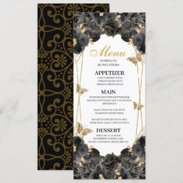Menu Black and Gold Floral Quinceanera Kaart