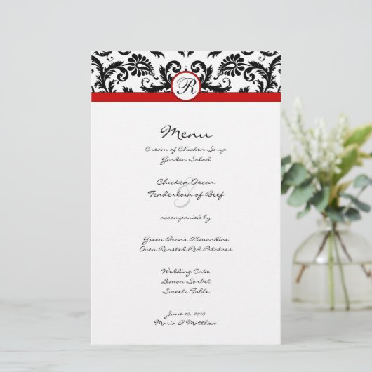 Menu Black Damask Red Trim Weddenschap (Staand voorkant)