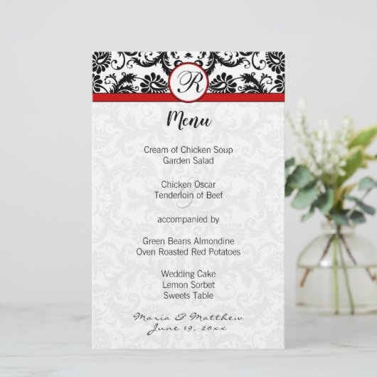 Menu Black Damask Red Trim Weddenschap (Staand voorkant)