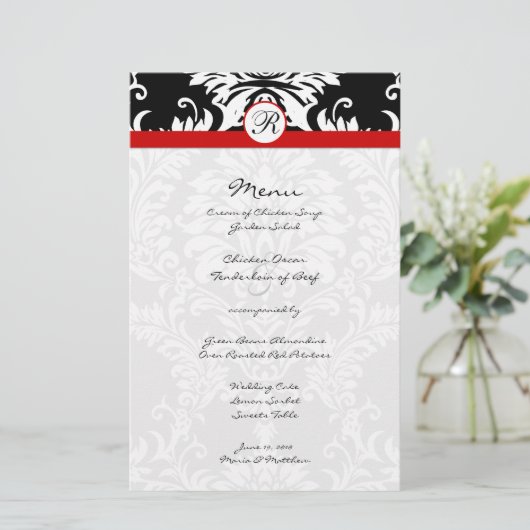 Menu Black Damask Red Trim Weddenschap (Staand voorkant)