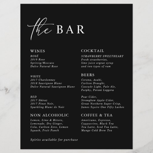 Menu Black Modern Minimalist Wedding Bar (Voorkant)