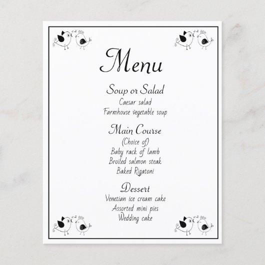 Menu Black White Lovevogels Wedding Party Birds (Voorkant)