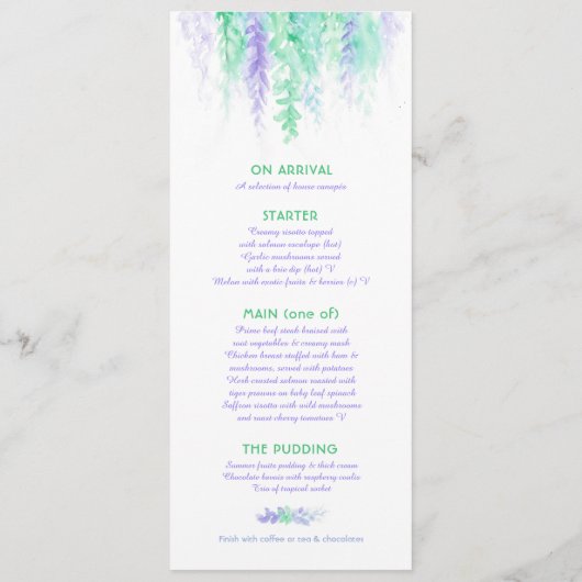 Menu blauw cascading groen wijnrank waterverf kaar (Achterkant)