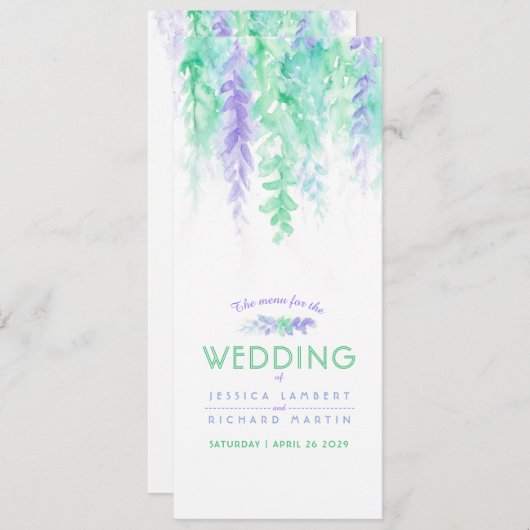 Menu blauw cascading groen wijnrank waterverf kaar (Voorkant / Achterkant)