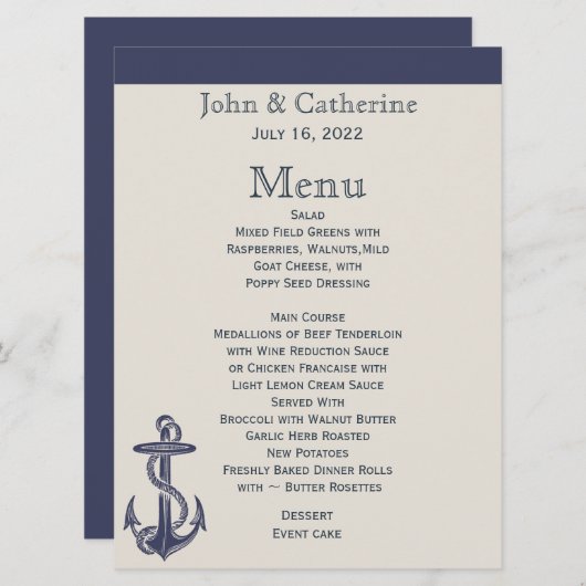 Menu Blauw en ivoorjaar Nautical Threadding (Voorkant / Achterkant)