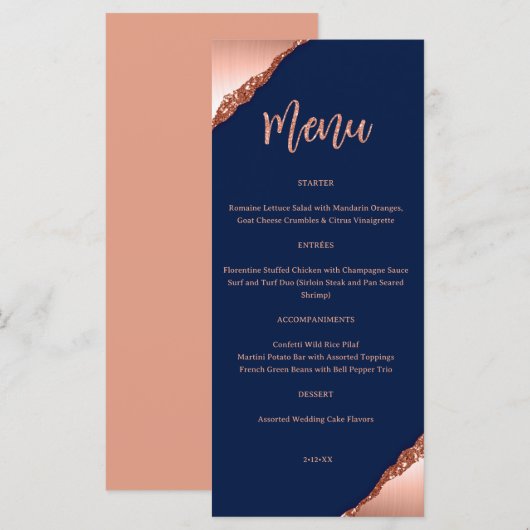 Menu Blauw en koraal Glitter Wedding (Voorkant / Achterkant)