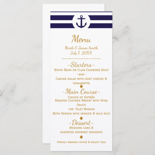 Menu Blauw Nautical Anchor & Stripes Wedding (Voorkant / Achterkant)