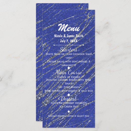 Menu Blauw & Zilver Modern Glam Marble Stripe Part (Voorkant / Achterkant)