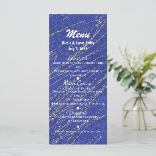 Menu Blauw & Zilver Modern Glam Marble Stripe Part (Staand voorkant)