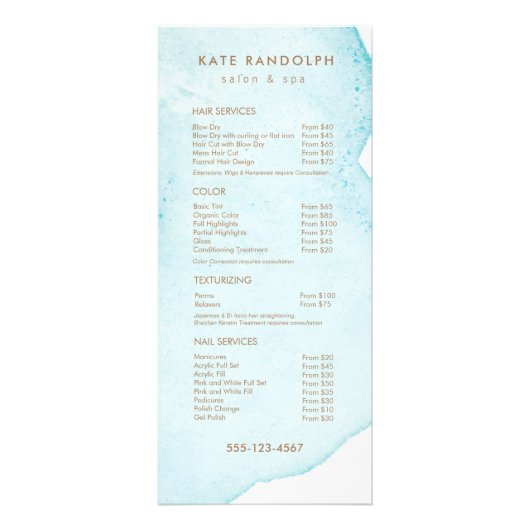 Menu Blauwe Abstracte Waterverf Salon Price List (Voorkant)