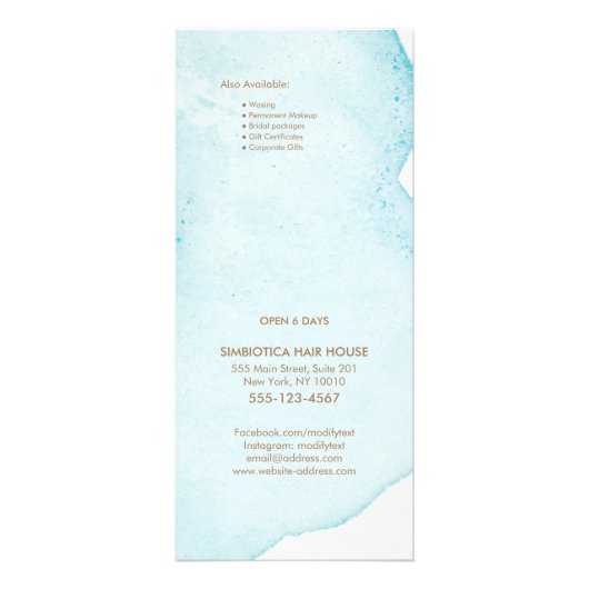 Menu Blauwe Abstracte Waterverf Salon Price List (Achterkant)