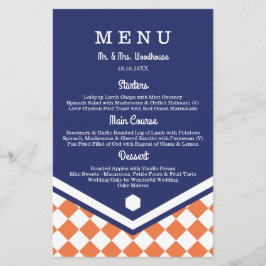 Menu Blauwe bruiloft met Oranje gecheckt patroon