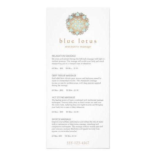 Menu Blauwe Lotus Massage Therapist Price List (Voorkant)