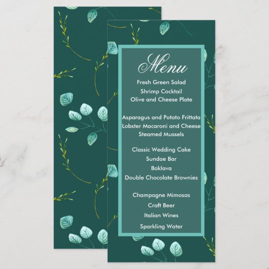 Menu Blauwe tuinbouw Waterverf Stems Weddenschap (Voorkant / Achterkant)