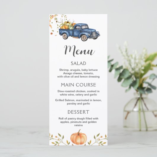 Menu Blauwe vrachtwagen, bewerkbaar pompoenafdrukb (Staand voorkant)