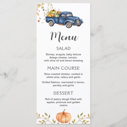 Menu Blauwe vrachtwagen, bewerkbaar pompoenafdrukb (Voorkant)