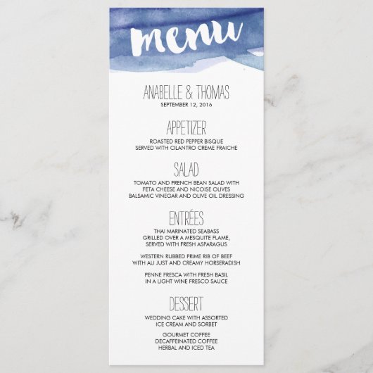 Menu Blauwe Waterverf Wash Weddenschap (Voorkant)