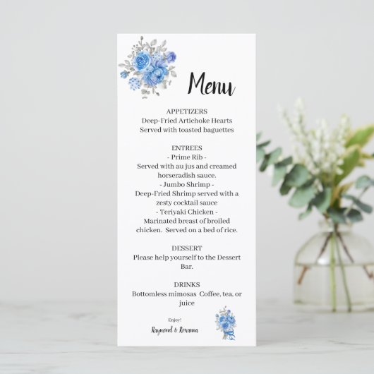 Menu Blue Flowers Wedding Vrijgezellenfeest (Staand voorkant)