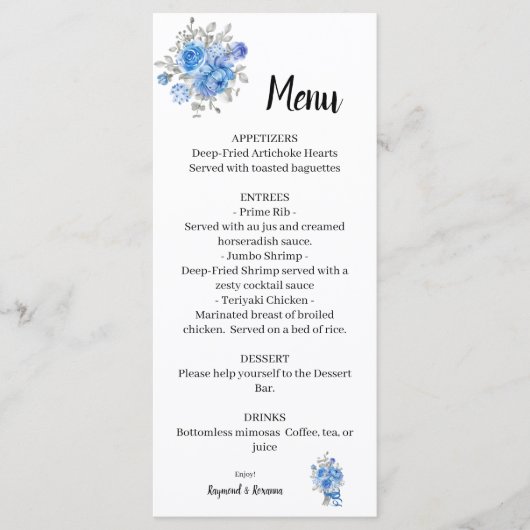 Menu Blue Flowers Wedding Vrijgezellenfeest (Voorkant)