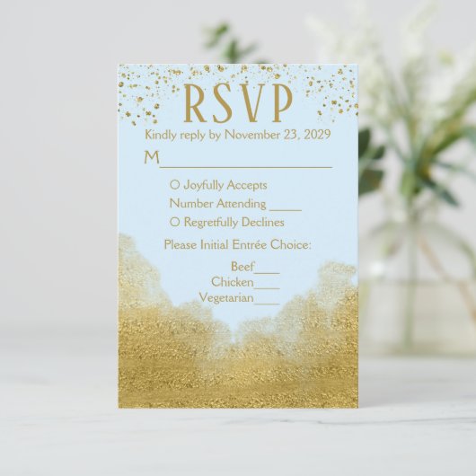 Menu Blue Gold Confetti RSVP Wedding Response Meal (Staand voorkant)