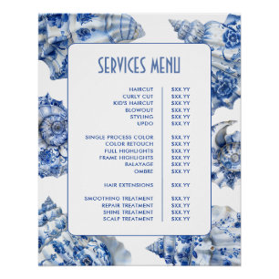 Menu Blue Seashells Services Perfect Poster