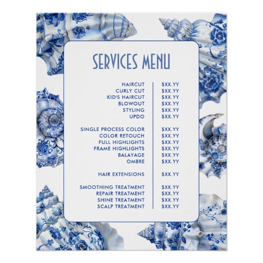 Menu Blue Seashells Services Perfect Poster (Voorkant)