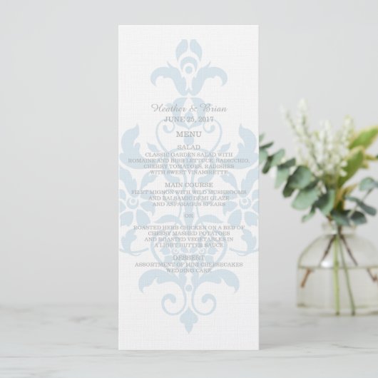 Menu Blue Subtle Damask Wedding (Staand voorkant)